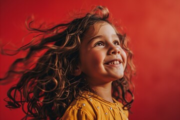 Portrait of a cute little girl with flying hair on a red background