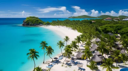 Fototapeten Panoramic aerial view of tropical island with palm trees and turquoise water © Iman