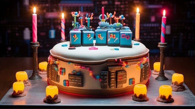 Retro arcade birthday cake with edible arcade games, joysticks, and candles shaped like game controllers, set against a backdrop of flashing lights and pixelated landscapes.