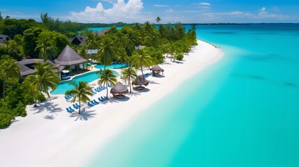 Beautiful tropical beach at Maldives with few palm trees and blue lagoon - obrazy, fototapety, plakaty