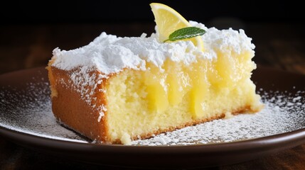 Slice of lemon cake with a dusting of powdered sugar.