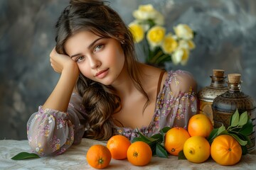 Portrait of a Beautiful Young Woman with Curly Hair Posing with Fresh Oranges on a Rustic Table