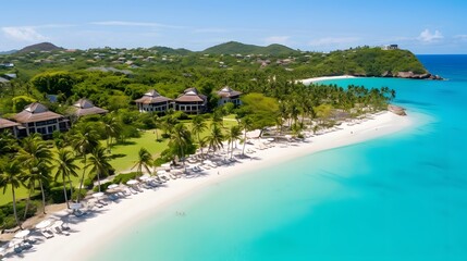 Aerial view of tropical beach with white sand, turquoise water and palm trees. Luxury villas on...