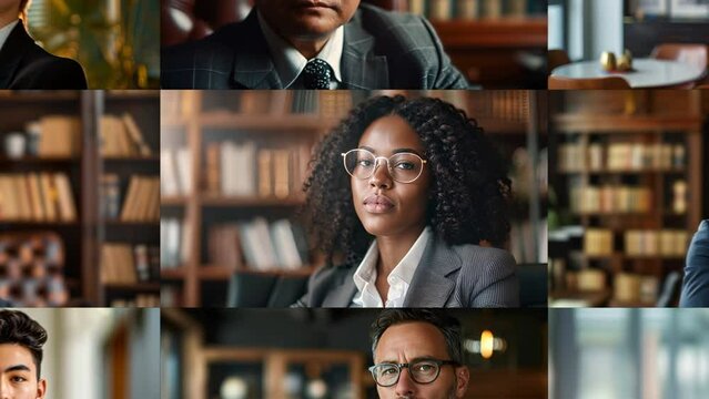 Zooming out from a fake artificial intelligence generated African American female lawyer to reveal a mosaic of 49 artificial intelligence lawyers
