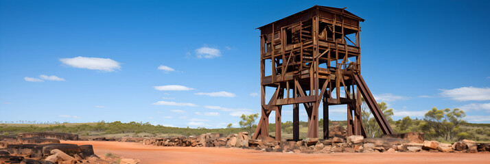 Evocative Image of Gwalia's Historic Mineshaft Headframe: A Testament to Australia's Golden-Age Mining History - obrazy, fototapety, plakaty