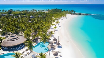 Aerial view of beautiful tropical beach with palm trees and turquoise water