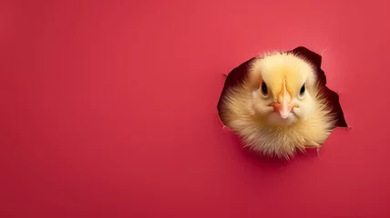 Foto op Aluminium Little yellow chicken peeking out of a hole in red wall background. Happy Easter concept. © Philip