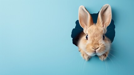 Obraz premium Bunny peeking out of a hole in blue wall, fluffy eared bunny easter bunny banner, rabbit jump out torn hole.