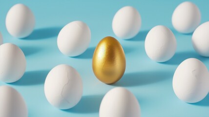 One golden egg among white eggs on blue background with shadows.