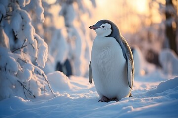 A majestic emperor penguin stands tall on the icy expanse of Antarctica, surrounded by a serene winter landscape. Its black and white feathers glisten in the soft light.