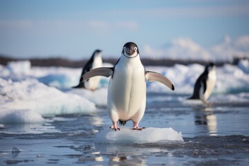 The emperor penguin, largest of all penguins, thrives in Antarcticas harsh conditions with blubber and feathers for warmth. It excels at swimming and diving for fish and squid. - obrazy, fototapety, plakaty