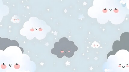 Smiling Clouds and Stars Cartoon Wallpaper