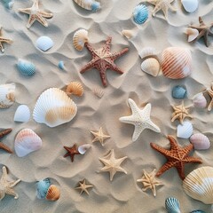 Top view of a sandy beach with exotic seashells and starfish as natural textured background for aesthetic summer design
