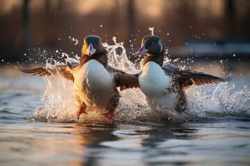 Two stunning pochards gracefully swim on the serene lake, their colorful feathers shimmering in the setting sun, creating a picturesque and peaceful scene.