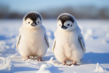 Two adorable emperor penguin chicks with fluffy feathers standing close together on the icy snow of Antarctica, gazing affectionately at each other.