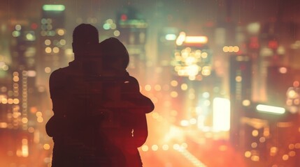 A pair of silhouetted figures embrace in a warm hug as they reunite in the midst of the bustling futuristic city. . . - obrazy, fototapety, plakaty