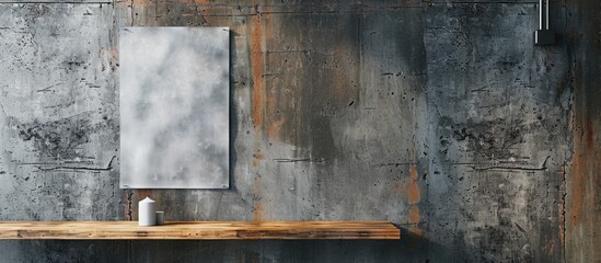 A wooden shelf in a rustic industrial setting with a concrete wall featuring a shelf and empty poster.