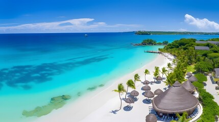 Panorama of beautiful tropical beach with white sand and turquoise water