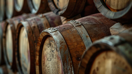 A collection of wooden barrels stacked on top of each other in a stack formation.