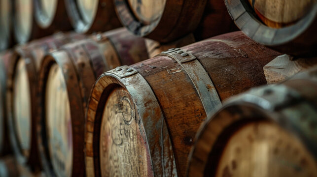 A collection of wooden barrels stacked on top of each other in a stack formation.