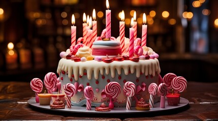 Vintage candy shop cake with edible candies, lollipops, and candles shaped like candy canes. - Powered by Adobe