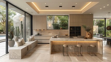 Modern Kitchen Interior with Island and Cactus Decoration