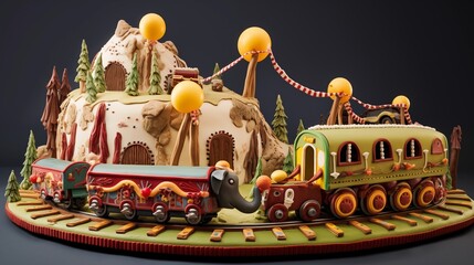 Vintage circus train cake with edible circus animals, train cars, and candles shaped like train whistles, set against a background of rolling hills and circus tents.