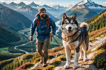 An Alaskan Malamute hiking alongside its owner in a mountainous terrain, demonstrating loyalty and adventurous spirit golden hour lighting