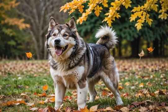 Alaskan Malamute playing in a field covered with autumn leaves, capturing the joy and energy of the breed