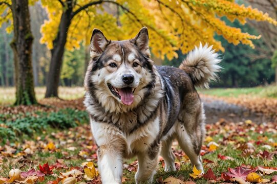 Alaskan Malamute playing in a field covered with autumn leaves, capturing the joy and energy of the breed