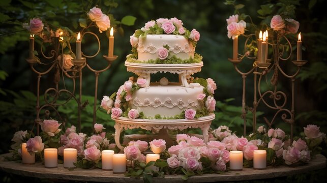 Vintage garden party cake with edible roses, tea sandwiches, and candles shaped like garden lanterns, set against a background of blooming rose bushes and ivy-covered arbors.