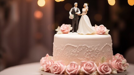 Wedding cake with a topper of two figurines and fresh flowers.