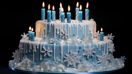 Winter wonderland cake with fondant snowflakes, snowmen, and candles resembling icicles.