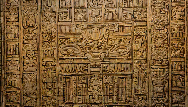 Ancient Mayan Glyphs background. Generative AI.
