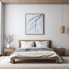 illustration of A bedroom with a bed white walls and a hanging paint, Generative ai