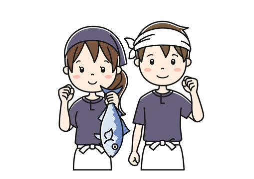 fishmongers holding fish, smiling, cartoon style clip art preview