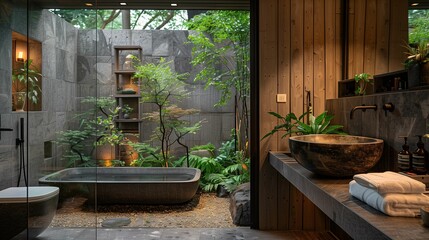 Modern Zen Bathroom with Indoor Garden and Stone Bathtub