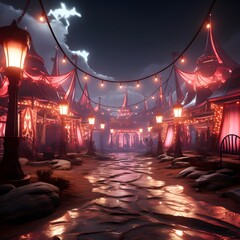 Illuminated circus with lights at night, 3d render.