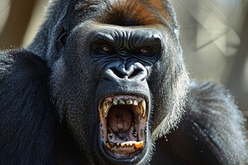 A detailed close up show of an angry male gorilla.