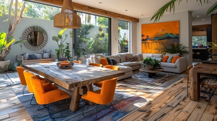 Modern Living Room with Rustic Wooden Furniture and Orange Accents