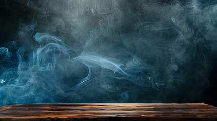 A wooden table with smoke coming out of it. The smoke is thick and dark, creating a mood of mystery and intrigue - obrazy, fototapety, plakaty