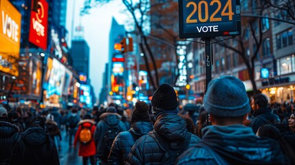 A crowd walking down the city street in front of a 2024 vote sign in Metropolis - obrazy, fototapety, plakaty