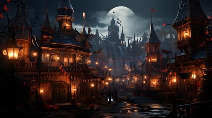 Illustration of the old city at night with a full moon.