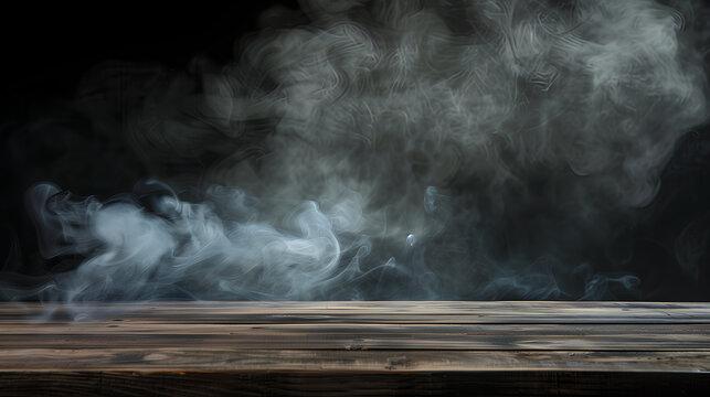 A wooden table with smoke coming out of it. The smoke is thick and dark, creating a mood of mystery and intrigue