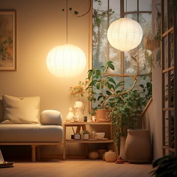 illustration of a living room with plants and a lamp light in the, Generative ai