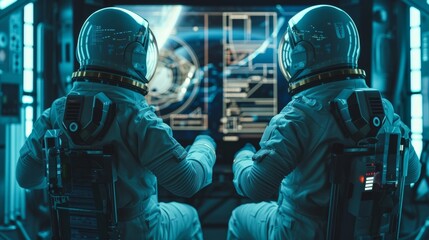 Two astronauts sit side by side focused on a holographic display that showcases detailed schematics of spacecraft. The sleek . . - obrazy, fototapety, plakaty