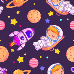 Fototapeta premium Space Adventure Pattern. A playful pattern with cartoons of astronauts, rockets, and planets on a deep space background.