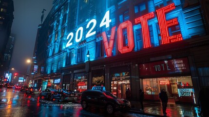 Building with 2024 vote sign illuminated in electric blue at night - obrazy, fototapety, plakaty