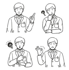 Set of 4 line illustrations of a doctor's upper body in a lab coat