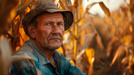farmer man take care of crop corn in the field - obrazy, fototapety, plakaty